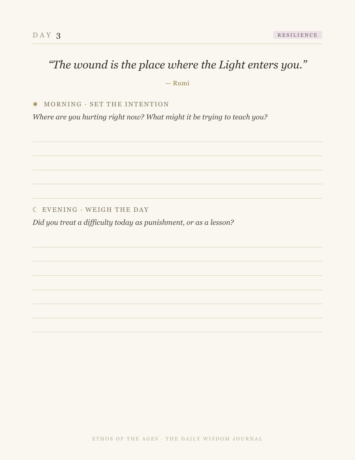 A day page from the journal: a quotation, a morning question and an evening question with lines to write on